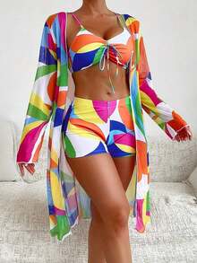 Swim Lushoire Conjunto de bikini con estampado geométrico para damas para playa y carnaval de verano - Rojo - Ver 1