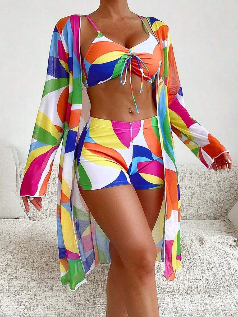 Swim Lushoire Conjunto de bikini con estampado geométrico para damas para playa y carnaval de verano - Rojo - Ver 1