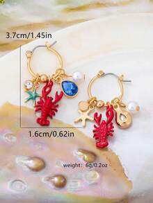 1 Pair Fashionable Summer Beach Vacation Style Red Lobster Element Women Charm Hoop Earrings Decorated With Starfish And Faux Pearl, Suitable For Daily Wear Or Vacation - Multicolor - View 4