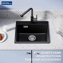 Küchenspüle,50CM*45CM schwarz, Einzelbecken, in vier Größen erhältlich, mit zwei vorinstallierten Anschlüssen, aus hochwertigem Quarzstein, für die Arbeitsplattenmontage, mit Überlaufloch und Überlaufanschluss, einfach zu installieren. - 50 cm * 45 cm - Übersicht 6