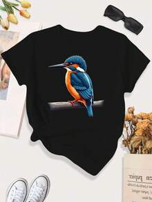 [Print Design]Large Women'S Casual Sports T-Shirt Featuring A Lifelike Kingfisher Perched On A Branch[Suitable For Leisure And Sports Activities] - Multicolor - View 1