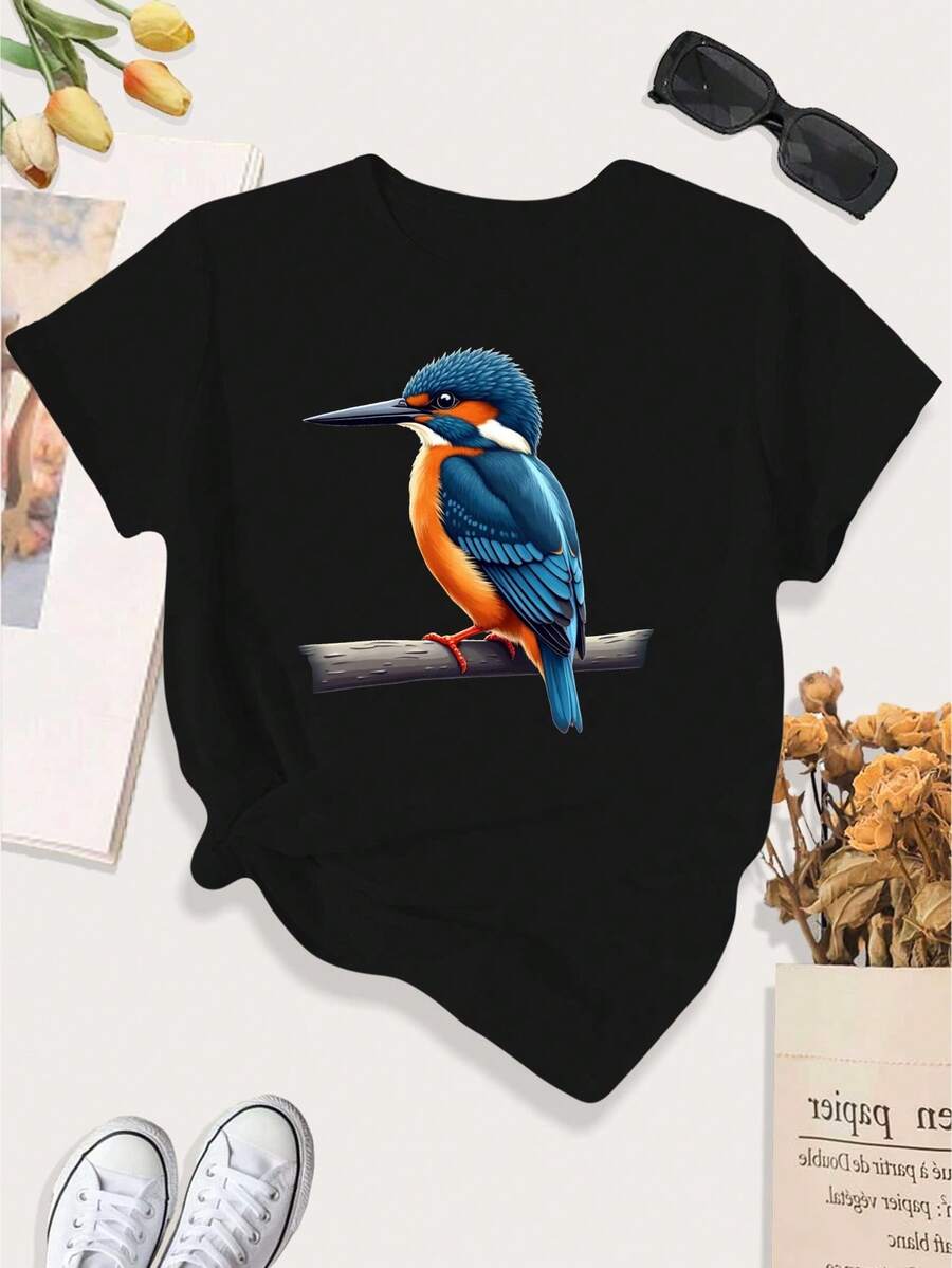 [Print Design]Large Women'S Casual Sports T-Shirt Featuring A Lifelike Kingfisher Perched On A Branch[Suitable For Leisure And Sports Activities] - Multicolor - View 1