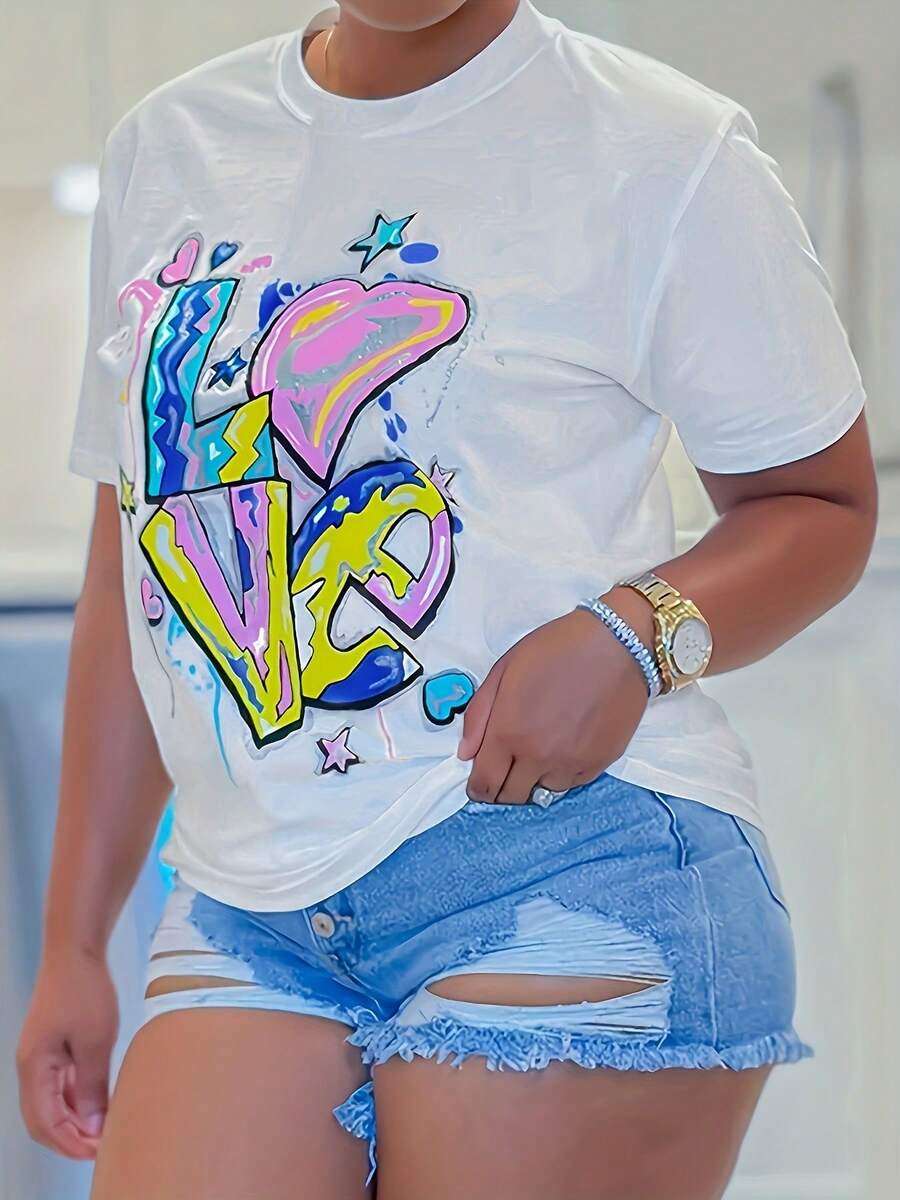 Camiseta de mujer blanca con grafiti colorido - estilo casual holgado, con estampado de grafiti de corazones, diseño de corazón rosa y salpicaduras azules - top de estilo urbano para todas las estaciones (lavable a máquina), adecuada para fiestas y uso diario - camiseta básica de moda urbana, ropa de verano para mujer, blusas elegantes para mujer. - Blanco - Ver 1