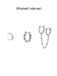 3 Stücke/Set Ohrringe für Frauen, vergoldet mit mehrfarbigem Zirkonia, Ohrmanschette mit Kette, doppelter Creolen-Ohrringe, Stapel-Ohrringe, Damen Schmuck Accessoires für den täglichen Gebrauch - 3 Teile/Satz (1 Seitenohr) - Übersicht 9