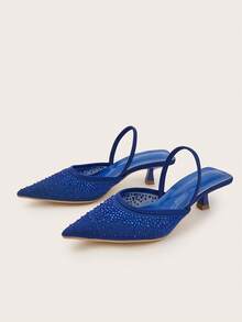 Women's Rhinestone Decor Kitten Heel, Pointed Toe Hollow Slip-On Sandals, Fashionable Elegant Party And Formal Low Heel Shoes - Blue - View 2