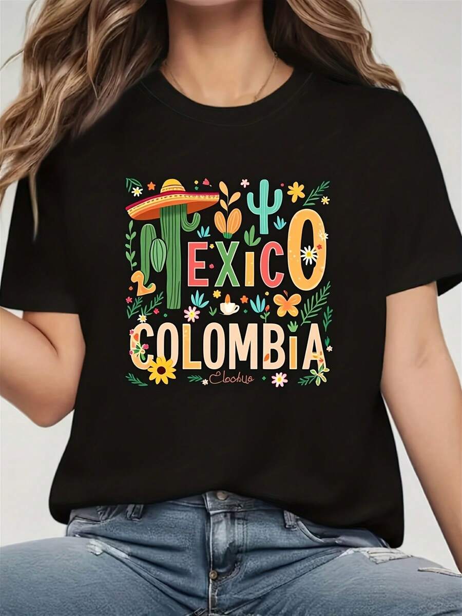 Camiseta Gráfica GiftMexico Colombia - Estampado de Cultura Latina (Letras de México y Colombia) - Cuello Redondo Suave, Manga Corta, Estilo Casual de Verano, Ropa Urbana - Corte Unisex para Adultos, Atuendo Festivo y Casual - Mismo estilo para hombres y mujeres, verano 2026, manga corta, suave. - Negro - Ver 1