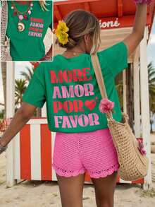 Women's Graphic Tee, Casual Short-Sleeved Style, Cute Summer Top. Cute Summer Outfits For Women. Zumba Tee For Women. Women's Beachwear. Ladies' Summer Tees. Women's Everyday Clothing Set - 綠色 5 - 查看 4