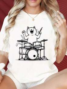 Camiseta de Mujer con Diseño Gráfico de Gato Jugando la Batería, Camiseta Casual de Manga Corta para Mujer, Diseño Divertido de Animales y Música, Ropa Urbana Unisex, Adecuada para Reuniones Familiares, Fiestas de Navidad, Actividades Deportivas, Fiestas de Fin de Año, Salidas, Deportes y Otros Regalos Festivos. - Blanco - Ver 1