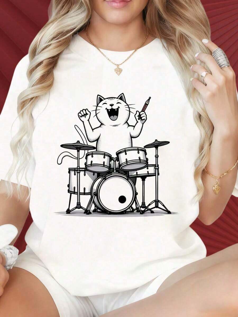 Camiseta de Mujer con Diseño Gráfico de Gato Jugando la Batería, Camiseta Casual de Manga Corta para Mujer, Diseño Divertido de Animales y Música, Ropa Urbana Unisex, Adecuada para Reuniones Familiares, Fiestas de Navidad, Actividades Deportivas, Fiestas de Fin de Año, Salidas, Deportes y Otros Regalos Festivos. - Blanco - Ver 1
