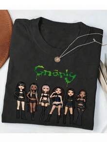 Blusa casual para mujer, modelo normal, manga larga, camiseta estampada Gnarly, camiseta casual negra de cuello redondo, mezcla de poliéster elástico, lavable a máquina, adecuada para primavera, verano, otoño, deportes, ocio, ropa infantil. - Negro - Ver 1