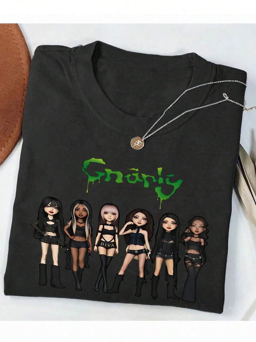 Blusa casual para mujer, modelo normal, manga larga, camiseta estampada Gnarly, camiseta casual negra de cuello redondo, mezcla de poliéster elástico, lavable a máquina, adecuada para primavera, verano, otoño, deportes, ocio, ropa infantil. - Negro - Ver 1
