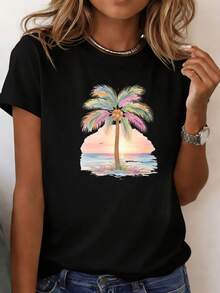 Classic Crew Neck T-Shirt With Coconut Print, Lightweight And Breathable, Not Tight Fit, Versatile Color Combination, Super Practical To Wear - Unisex Short Sleeve Cotton T-Shirt, Vintage Urban Style, Crew Neck And Loose Fit - 黑色 - 查看 7