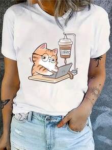 Camiseta de manga corta para mujer con estampado de gato de dibujos animados, la moda, para trabajar - Blanco - Ver 6