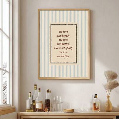 1pc Framed/Unframed We Love Our Bread Butter Funny Quote Canvas Poster Blue Striped Typography Kitchen Wall Art Print Minimalist Vintage Painting For Dining Room,Living Room,Modern Home Decoration