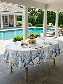 1 Pack Coastal Ocean & Seashell Printed Tablecloth, Blue Coral Starfish Pattern Polyester Table Cover, Nautical Beach Style Round/Oval Tablecloth, Scalloped Edge Wrinkle Resistant Waterproof Anti-Stain Table Protector, Reusable Dustproof Heat Resistant Outdoor Table Sheet - Multicolor - View 14