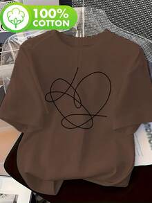 Talla Grande, Camiseta de Algodón de Manga Corta con Estampado de Líneas Abstractas Entrelazadas para Mujer, Cuello Redondo, Estilo Casual - Blanco - Ver 7