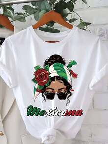 Camiseta de manga corta con cuello redondo para mujer - Estampado floral y de texto de inspiración mexicana, blusa casual blanca de verano con diseño de rosas y hojas, lavable a máquina, camisetas bonitas, camiseta para todas las estaciones, camiseta gráfica, camiseta con estampado vibrante, camiseta Y2k. - Blanco - Ver 10