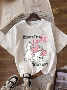 'Marie Cat' Patterned Printed T-Shirt, Round Neck Pullover Women'S Casual Sports Short-Sleeve Top Ropa deportiva estilo Y2K, cuello redondo, 100% algodón, tejido suave, manga corta. - Blanco - Ver 1