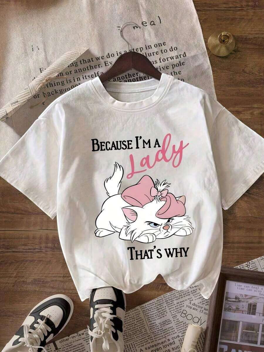 'Marie Cat' Patterned Printed T-Shirt, Round Neck Pullover Women'S Casual Sports Short-Sleeve Top Ropa deportiva estilo Y2K, cuello redondo, 100% algodón, tejido suave, manga corta. - Blanco - Ver 1