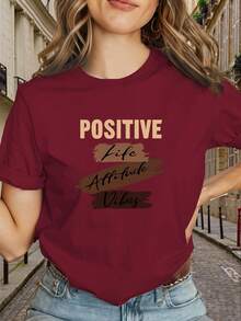 Women's Y2K Style T-Shirt With Geometric Print And Logo, High Quality Wholesale Designer Style, With The Phrase "Positive Lifestyle Vibe, Brown Lettering" - Slim Fit, Short Sleeve, Casual Summer T-Shirt In Black And Gold, Machine Washable Stretch Fabric (Wrinkle-Resistant), New 2026 Collection - 100% Breathable Cotton - 紅色 - 查看 12