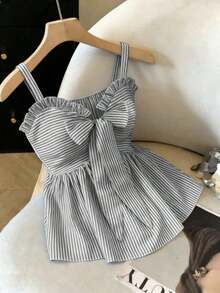 Nueva camiseta informal de primavera/verano para mujer, diseño de moda con tirantes de lazo, acento de lazo, a rayas azul y blanco, que ciñe la cintura, sexy y favorecedora, versátil para uso diario y citas - Negro - Ver 2