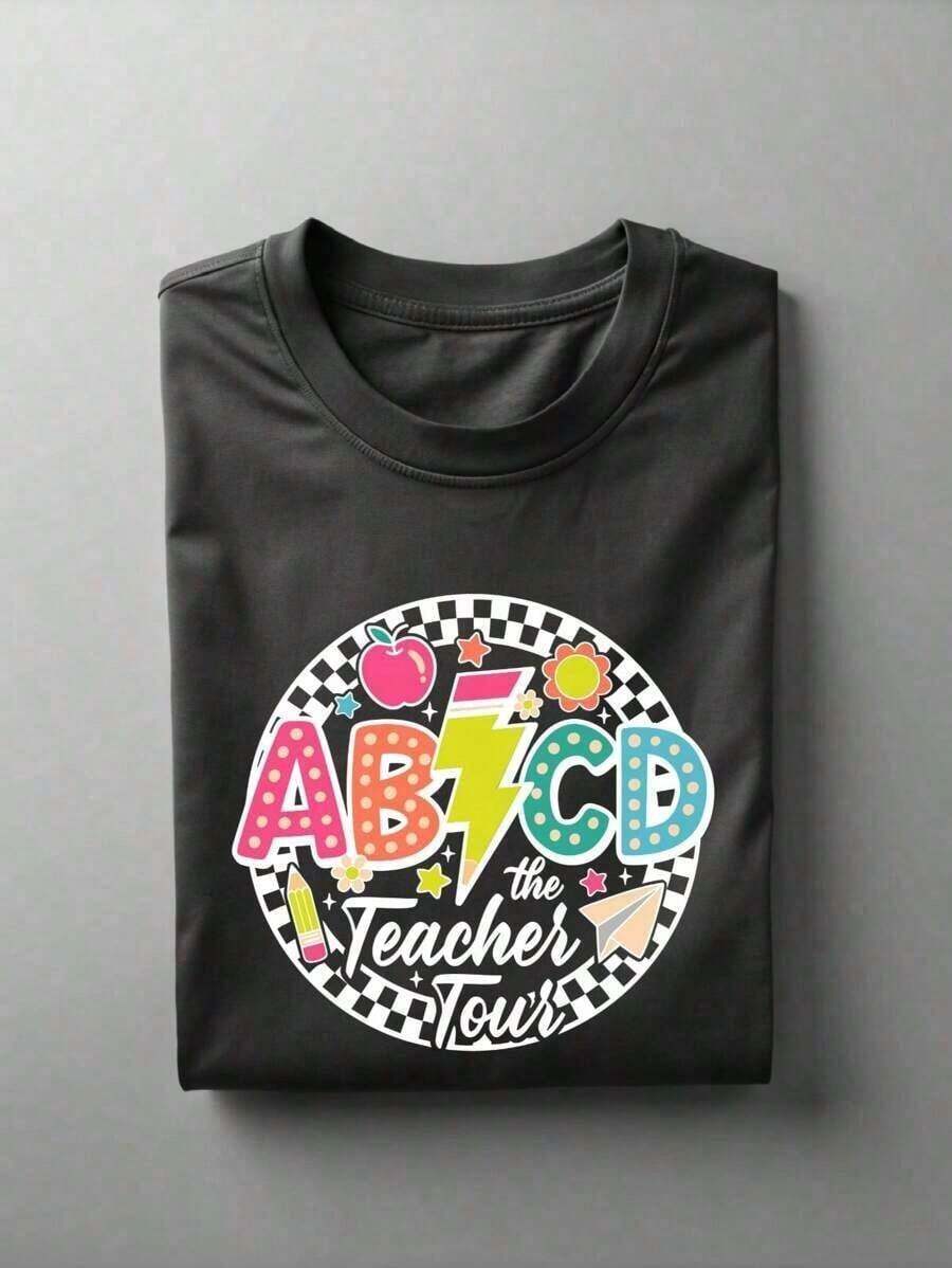 1 camiseta retro para maestros, camiseta ABCD para maestros, camiseta de regreso a clases, camiseta para el primer día de clases, regalo de moda para maestros, camiseta para maestros de primaria. UA-54210g 100% Algodón, los diseños están impresos. Unisexo. - Negro - Ver 1