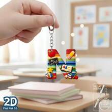 1pc 2D Flat Acrylic Alphabet Keychain, Rainbow Letter Key Ring With School Theme Decor, Personalized Initial Bag Charm, - Multicolor - View 24