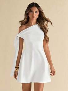 de línea A elegante con volante y ajuste ceñido con lazo en el hombro asimétrico para mujer, color negro - Blanco - Ver 4