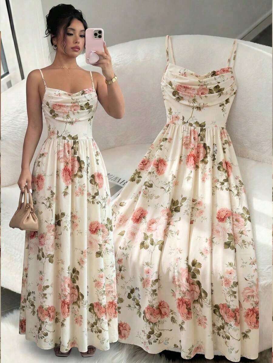 Vestido elegante y romántico de mujer con tirantes de espagueti, cintura ceñida y fluido de gasa, adecuado para invitados de boda, reuniones de hermanas - Multicolor - Ver 1