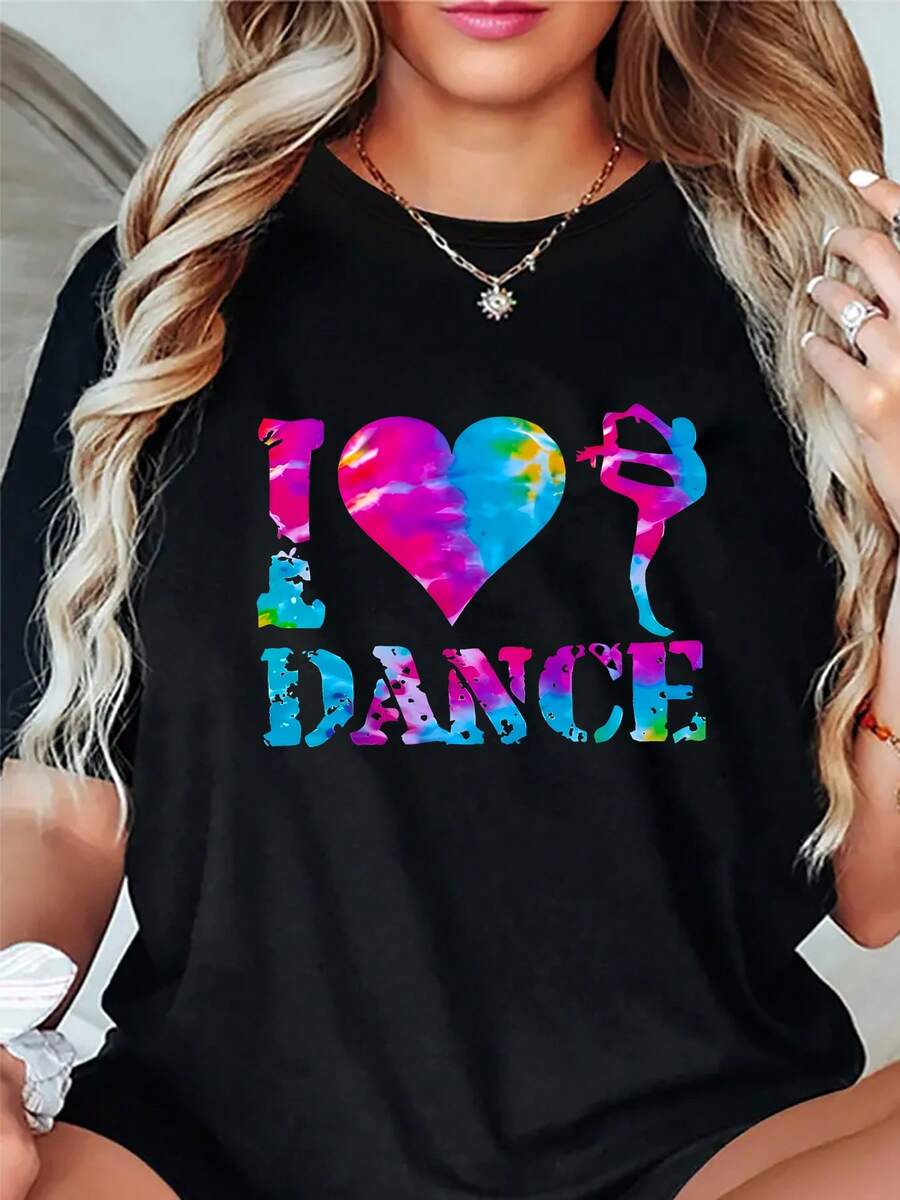Camiseta con Estampado de Letras y Corazones Estéticas para Danza-Camiseta Gráfica de Estilo Deportivo Casual y Moderno para Mujer, para Uso Diario