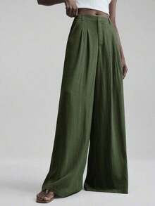 Pantalones de pierna ancha para mujer 2026SS, pantalones casuales y sueltos con cintura plisada, adecuados para estilo bohemio, Ibiza, vacaciones, festivales, invitados de boda, oficina, maestros, vuelta al colegio, con bolsillos, ajuste relajado, elegante estilo urbano chic, pantalones versátiles para primavera/verano - Verde militar - Ver 1