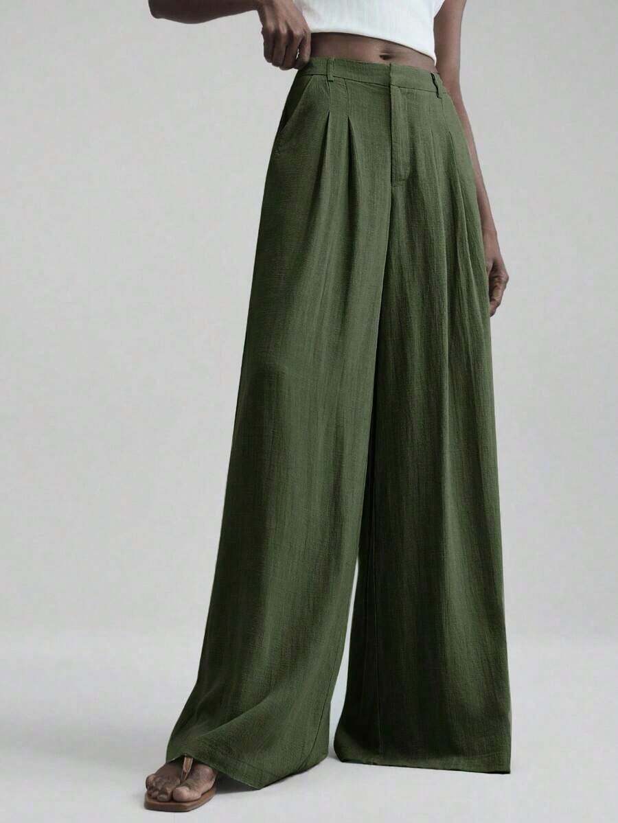Pantalones de pierna ancha para mujer 2026SS, pantalones casuales y sueltos con cintura plisada, adecuados para estilo bohemio, Ibiza, vacaciones, festivales, invitados de boda, oficina, maestros, vuelta al colegio, con bolsillos, ajuste relajado, elegante estilo urbano chic, pantalones versátiles para primavera/verano - Verde militar - Ver 1