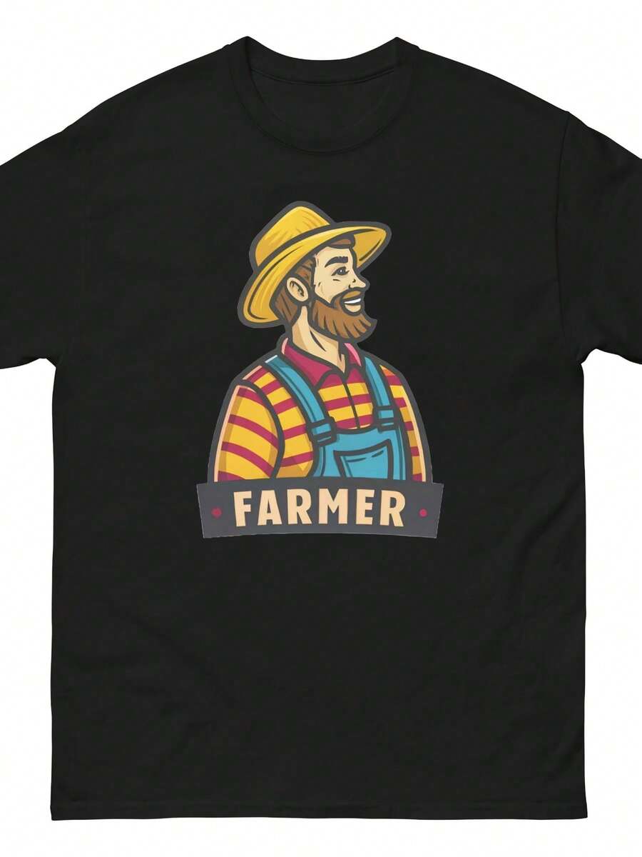 Herren-Freizeit-T-Shirt mit Rundhalsausschnitt und farbenfrohem Bauernmotiv - Strickstoff, mittlere Dehnbarkeit, normale Passform, ideal für Landwirtschaft und ländlichen Lebensstil, Landwirteshirt - Schwarz - Übersicht 1