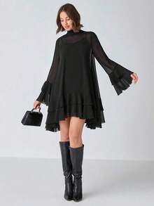 Vestido elegante de manga larga con cuello alto y diseño de capas en unicolor para mujer - Negro - Ver 4