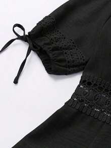 Clasi Vestido mini de manga abullonada con ribete de encaje de unicolor para mujer, para verano - Negro - Ver 4