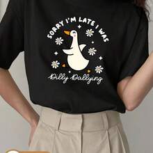 Casual and Elegant Duck Print T-Shirt fclothes Women, Round Neck, Modern Retro Style fclothes Wclothesk clothes Vacation, Sizes S-XXL - Negro - Ver 1