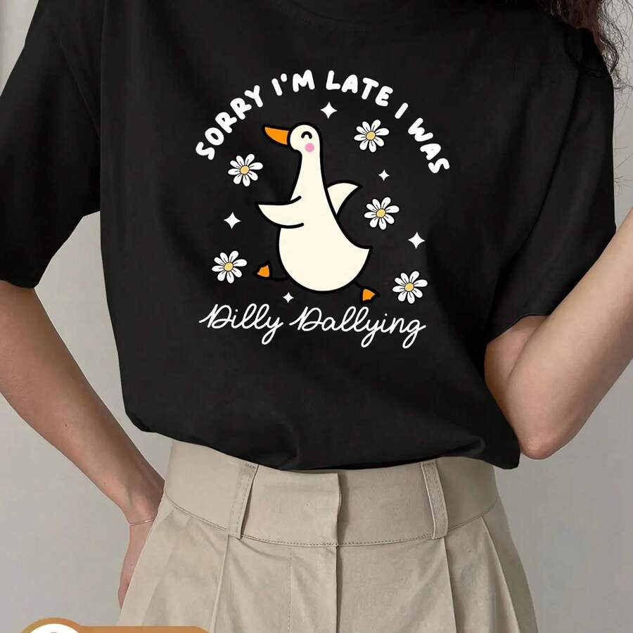 Casual and Elegant Duck Print T-Shirt fclothes Women, Round Neck, Modern Retro Style fclothes Wclothesk clothes Vacation, Sizes S-XXL - Negro - Ver 1
