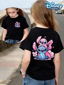 Disney Lilo & Stitch Stitch And Angel Cute Heart Design Casual Summer Tops, Perfect For Cute Girls. Teen Girl Gift,Comfortable And Breathable Children's Short-Sleeved T-Shirt. 180g Pure Cotton Children's Clothes,Suitable For Both Boys And Girls.Suitable For Daily Wear, Vacations, Outdoor Activities, And As A Children's Gift. - 黑色 - 查看 1
