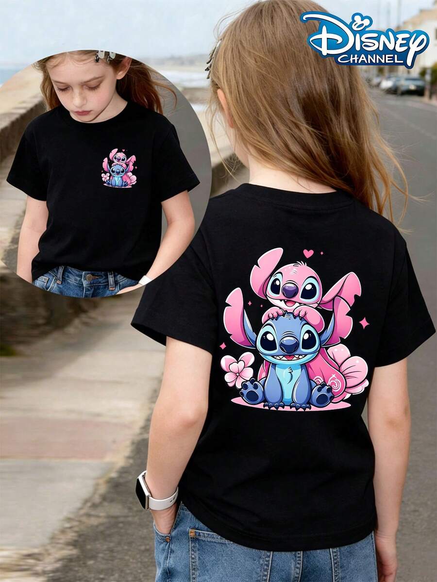 Disney Lilo & Stitch Stitch And Angel Cute Heart Design Casual Summer Tops, Perfect For Cute Girls. Teen Girl Gift,Comfortable And Breathable Children's Short-Sleeved T-Shirt. 180g Pure Cotton Children's Clothes,Suitable For Both Boys And Girls.Suitable For Daily Wear, Vacations, Outdoor Activities, And As A Children's Gift. - 黑色 - 查看 1