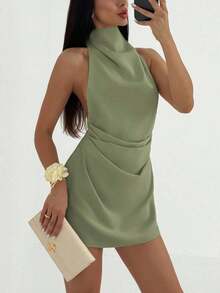 Vestido mini plisado de mujer con espalda abierta y atado - verde menta - Ver 1