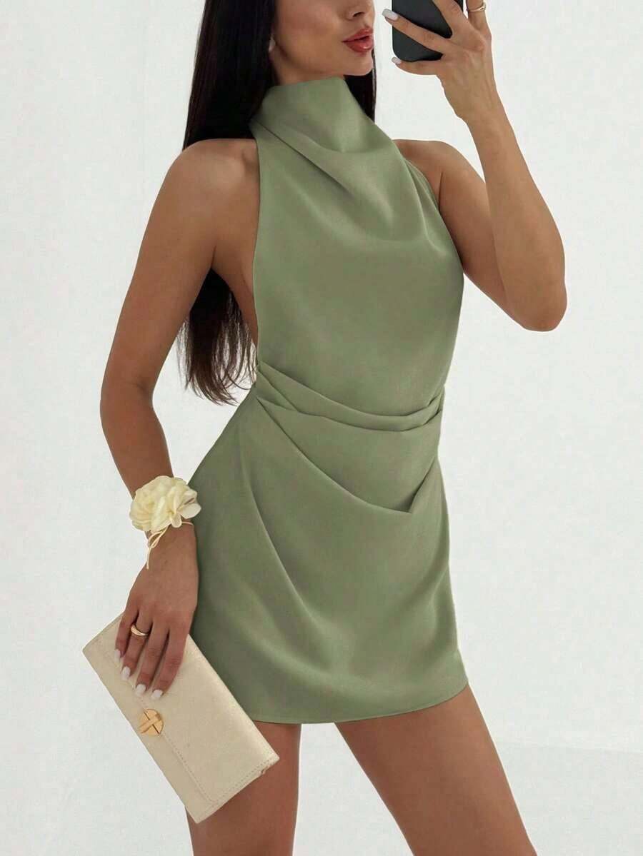 Vestido mini plisado de mujer con espalda abierta y atado - verde menta - Ver 1