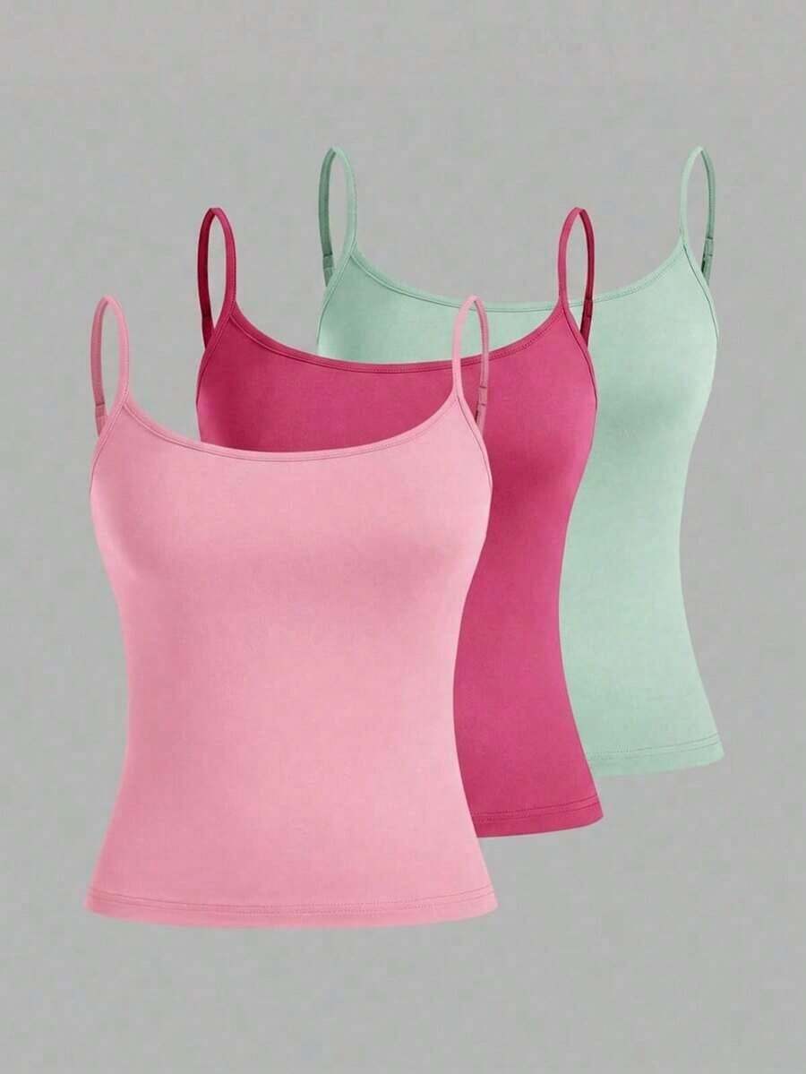 Set de 3 camisetas de tirantes ajustadas informales para mujer, adecuadas para el verano - Multicolor 6 - Ver 1
