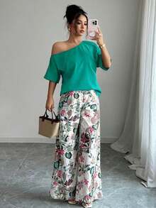 2 piezas Conjunto de top asimétrico de cuello sólido y pantalones con estampado tropical, estilo casual de vacaciones - Verde - Ver 4