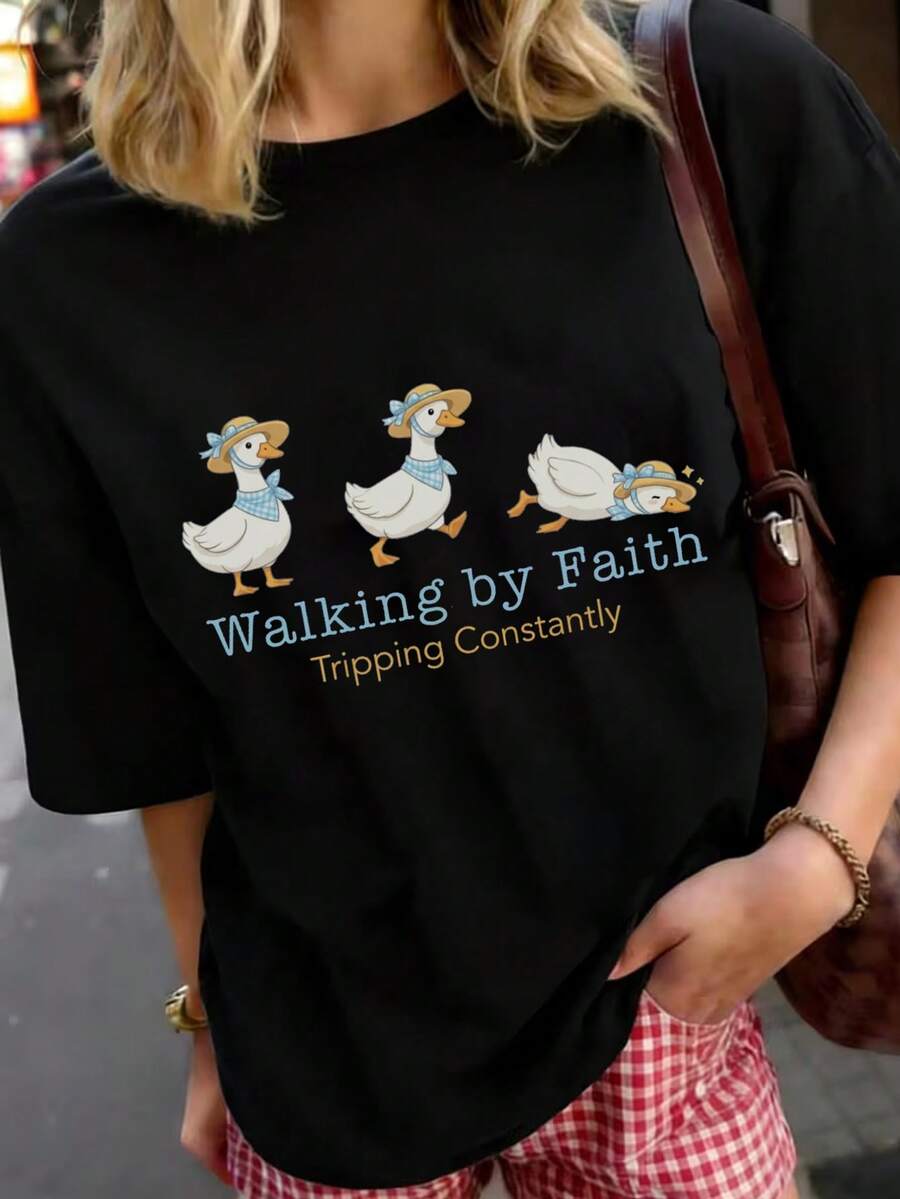 Camiseta de manga corta para mujer, moda casual de verano con estampado "letras y pato" para actividades al aire libre, camisa holgada y cómoda para mujer. - Negro - Ver 1