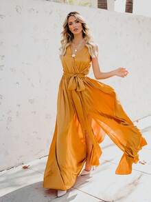 Vestido largo de talla grande sin mangas con escote en V y abertura alta de color sólido - Amarillo - Ver 5