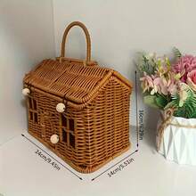 1 Covered Woven Home Style Storage Basket - Durable Plastic Rattan-Style Storage Container, Cottage Woven Design, Suitable For Indoor And Outdoor Use,H Hidden Lid, For Storing Blankets, Groceries - Home Decor Storage Basket, Suitable For Bookshelves, Wall Shelves, Etc. - Xem 3