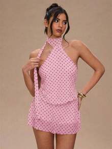 Vestido mini de mujer con estampado de lunares, estilo vacacional, de escote de halter - Rosa - Ver 4