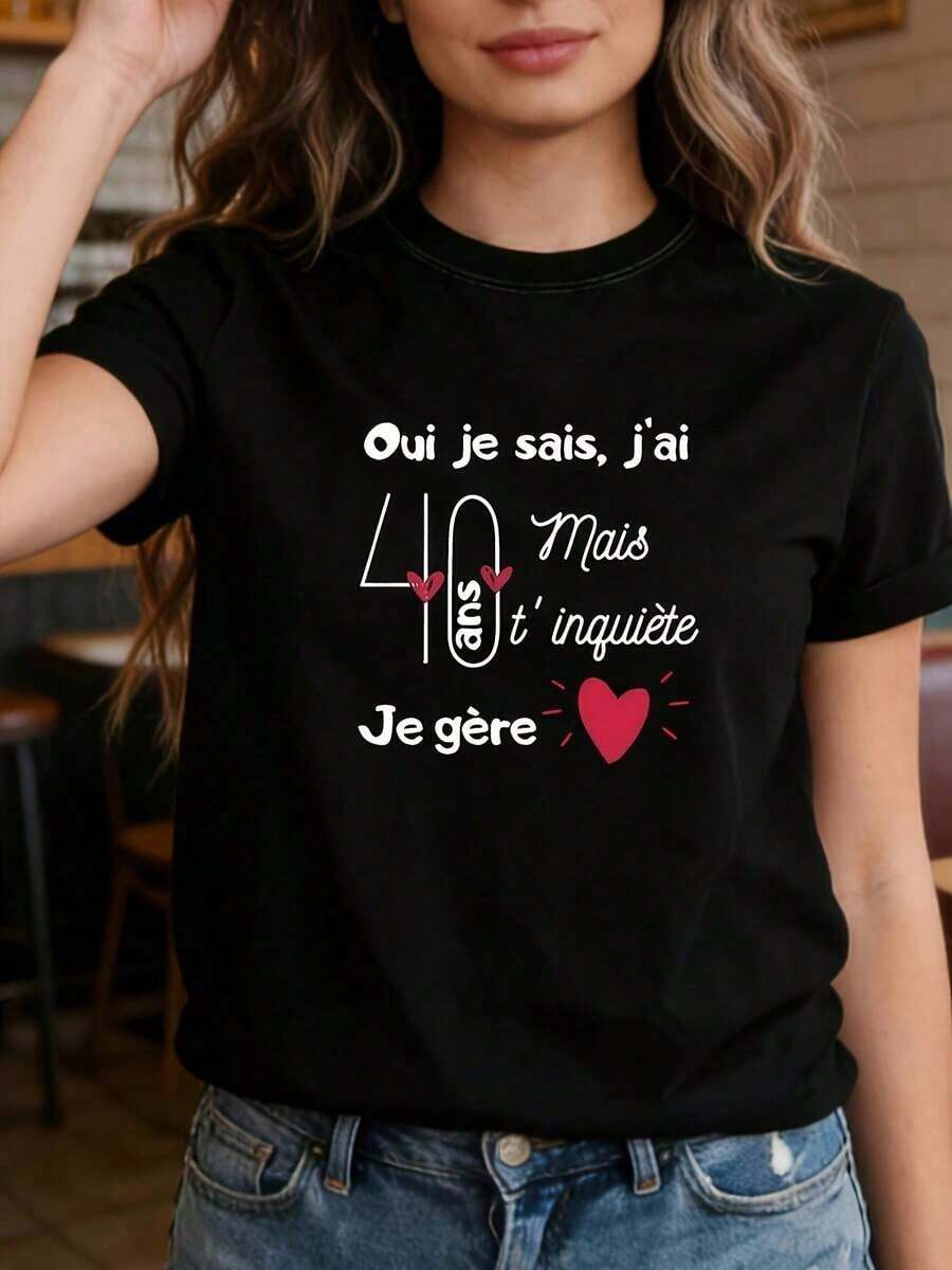 1 camiseta de mujer, con decoración de corazón "Oui Je Sais J'Ai 40 Ans", estampado con frases temáticas de cumpleaños, moderna y elegante de estilo retro, camiseta de manga corta con cuello redondo en color negro, adecuada para primavera, verano y otoño, 180g 100% algodón. - Negro - Ver 1
