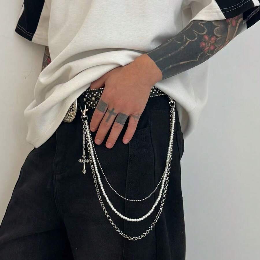Cadena de pantalones de mezclilla, cadena de cintura con colgante cruzado, accesorio unisex de estilo urbano