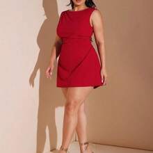Plus Size Women's Sleeveless V-Neck Waist Ruched Beaded Back Zipper Dress, 
Plus-Size Women's White Knit Pearl Dress, Versatile For Date Nights, Elegant Cocktail Parties/Music Festivals/Dates/Parties/Nightclubs/Outings/Street Style/Summer Wear, Women's Summer Outfits, Summer Vacation Outfits, Women's Holiday Outfits, Short Dress. - Negro - Ver 6